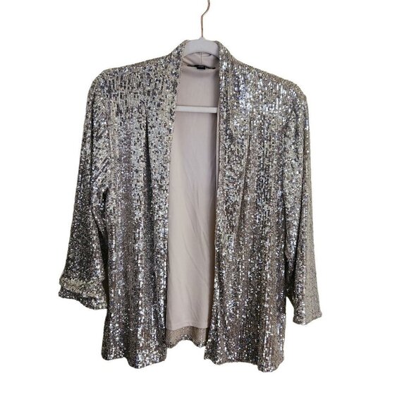 Cable & Gauge Stunning Open Front Silver Sequined Jacket Size M - Picture 1 of 5